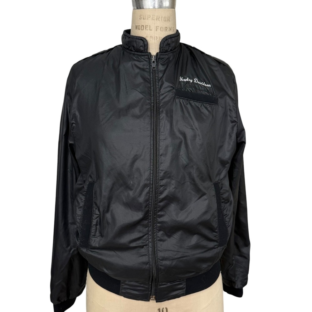 Harley Davidson Vintage Black Nylon Bomber Jacket XS Embroidered Logo Moto Biker